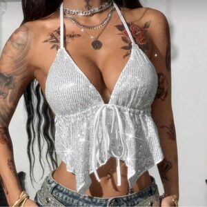 Sparkling Sequin Silver Halter Top